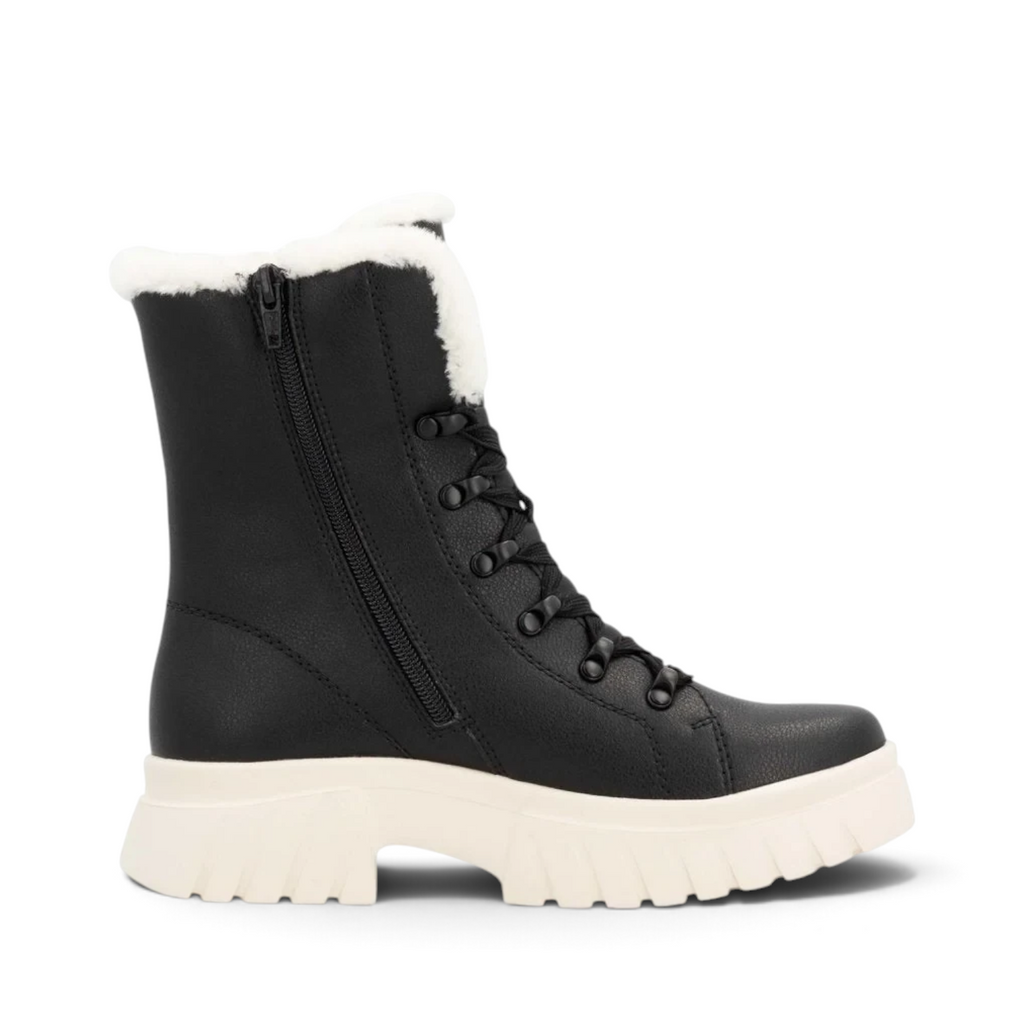 ShoeShop Rieker W1874-00 black winter boots with white faux fur lining, side zipper, and chunky lug sole