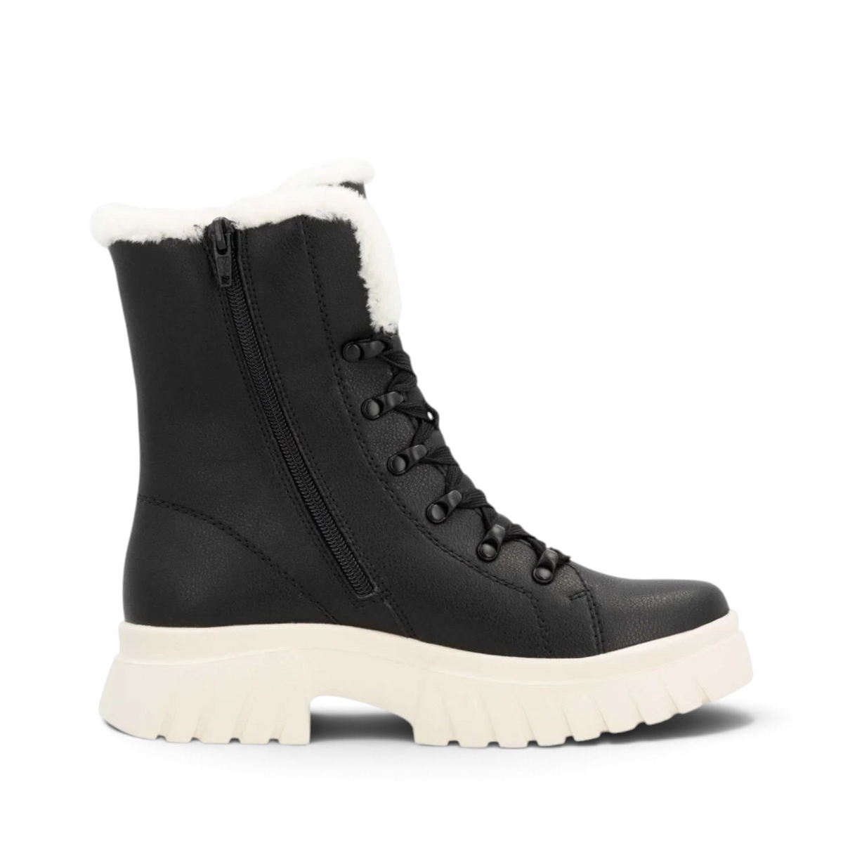 ShoeShop Rieker W1874-00 black winter boots with white faux fur lining, side zipper, and chunky lug sole