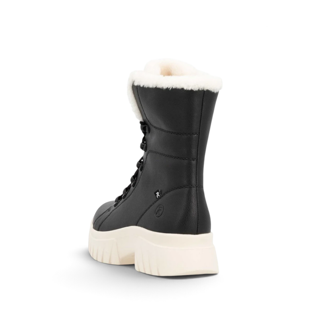 ShoeShop Rieker W1874-00 black winter boots with white faux fur lining and chunky platform sole, rear view