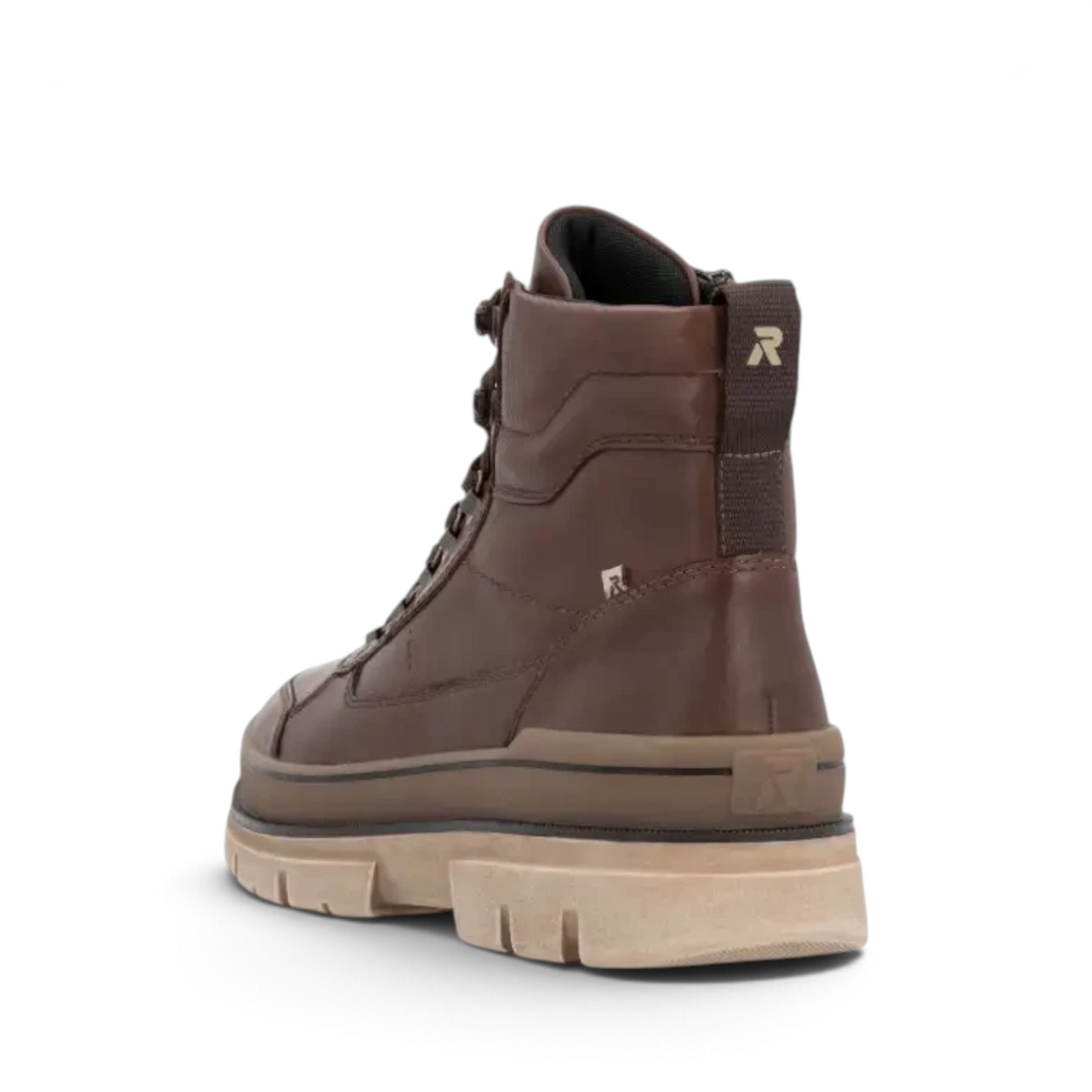 ShoeShop Rieker U1271-22 brown leather ankle boot with a chunky beige lug sole and rear zipper detail