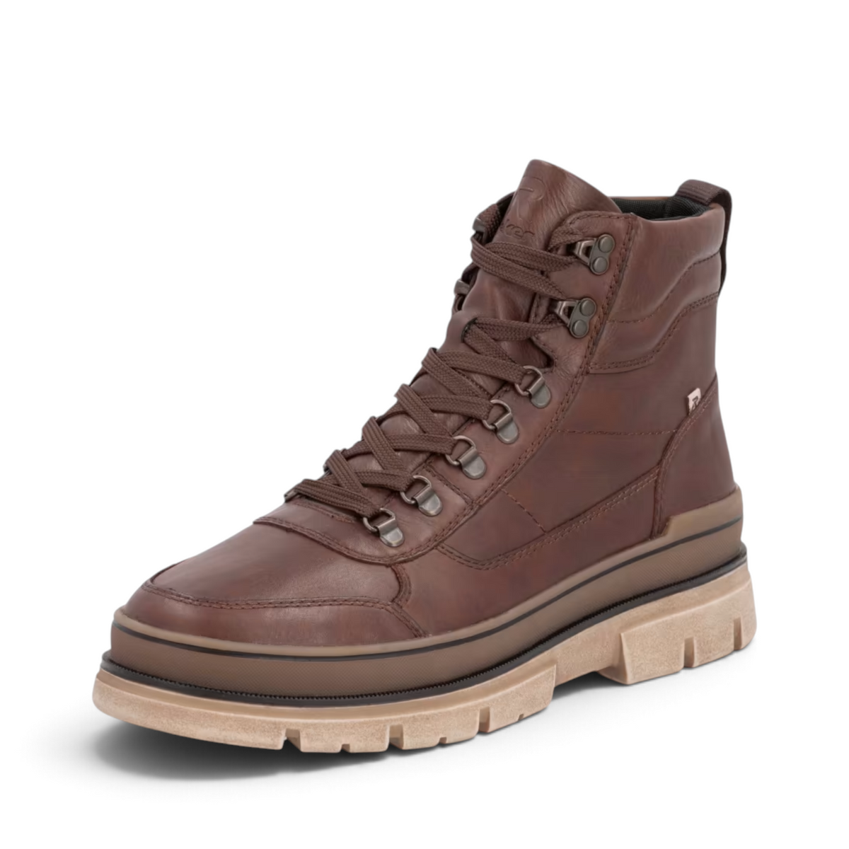 ShoeShop Rieker U1271-22 brown leather lace-up ankle boots with a chunky lug sole for a rugged outdoor style.