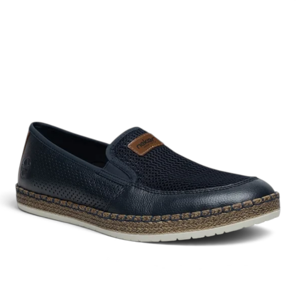 ShoeShop Rieker B5271-14 navy blue slip-on loafers with perforated leather, mesh upper, and jute-wrapped sole.