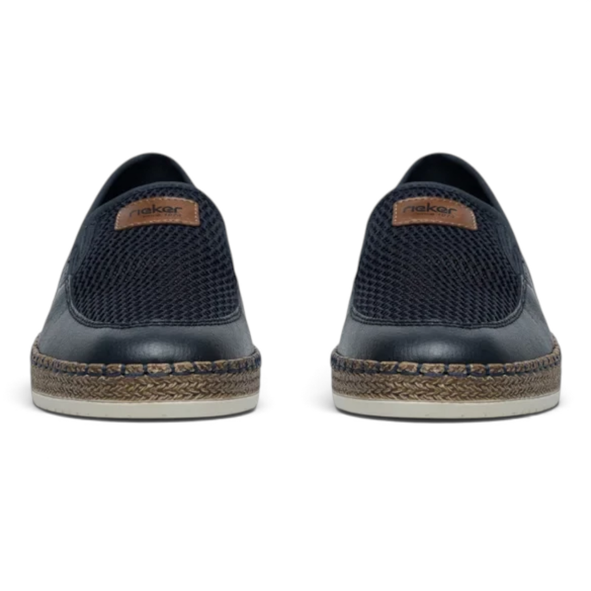 ShoeShop Rieker B5271-14 navy blue slip-on shoes with mesh upper and espadrille-style woven trim