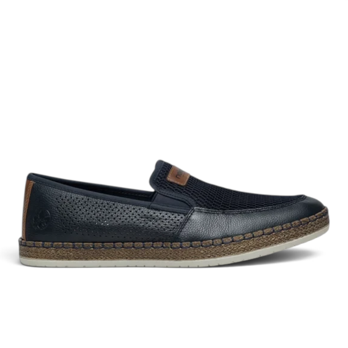 ShoeShop Rieker B5271-14 navy blue slip-on shoe with perforated leather and mesh upper and braided jute midsole
