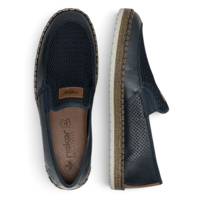 ShoeShop Rieker B5271-14 navy blue slip-on shoes with perforated leather and mesh upper and espadrille-style trim