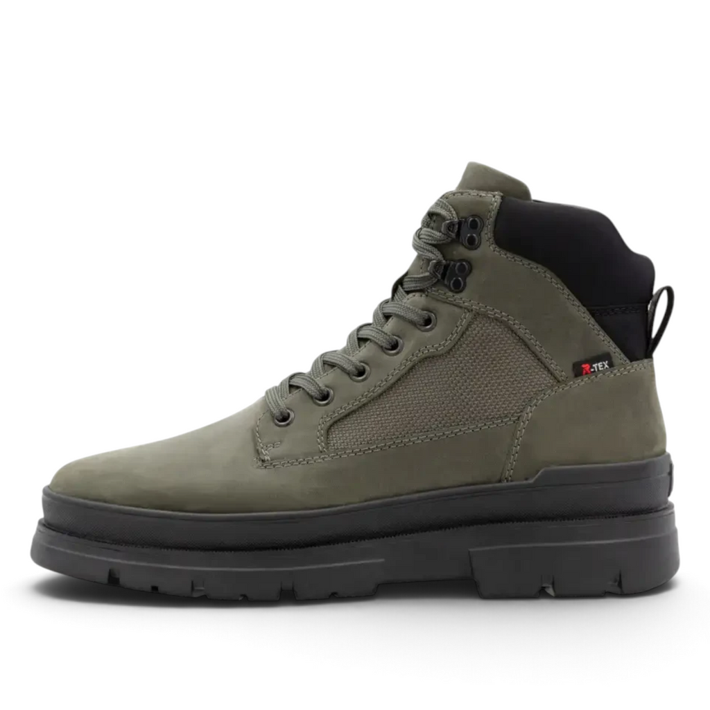 ShoeShop Rieker U1270-54 olive green lace-up ankle boot with a rugged black lug sole and R-Tex waterproof membrane.