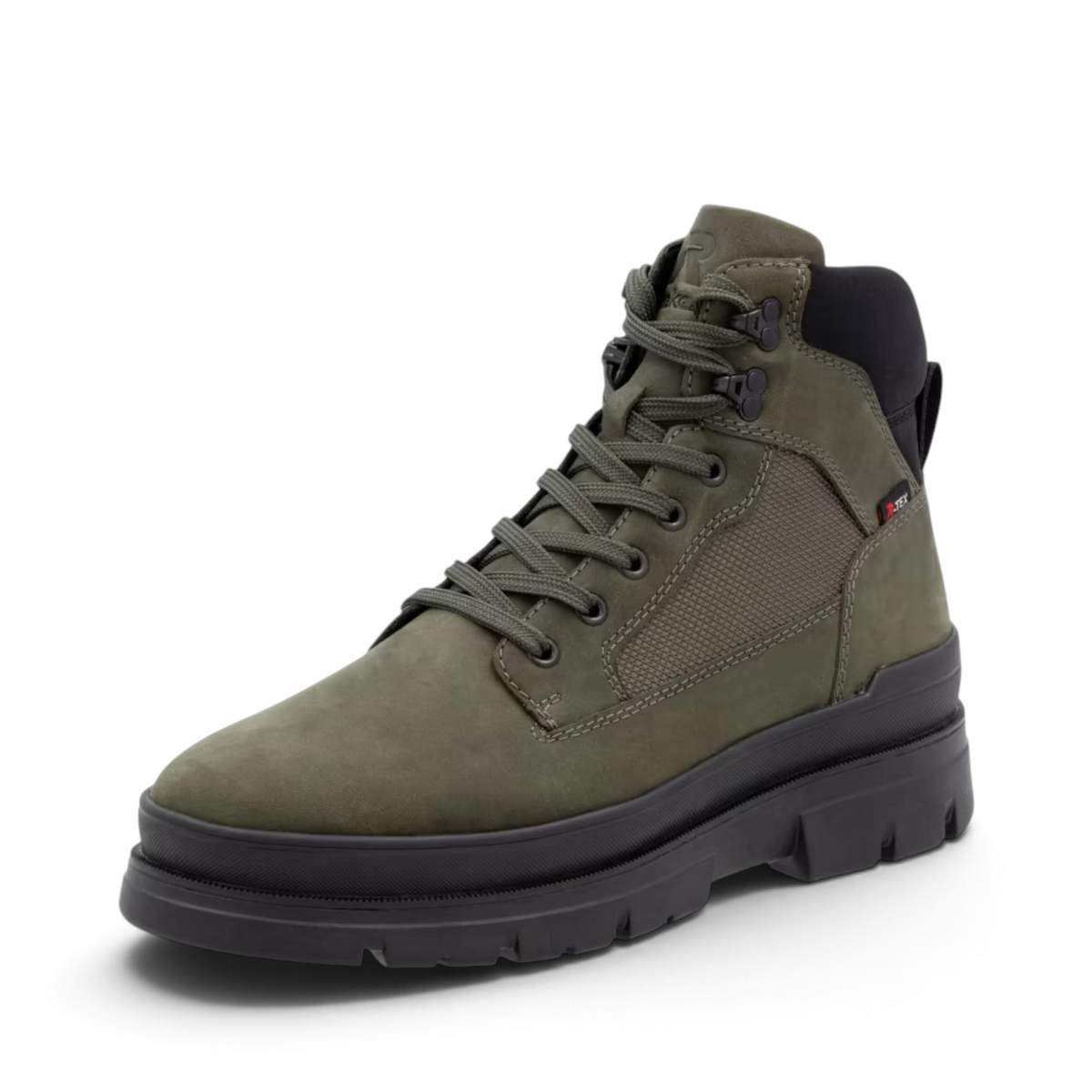 ShoeShop Rieker U1270-54 olive green lace-up ankle boots with a rugged black lug sole and textile side panels.