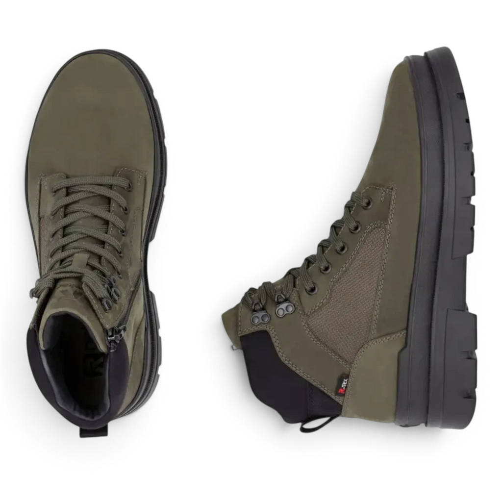 ShoeShop Rieker U1270-54 olive green lace-up boots with side zipper and rugged black lug sole