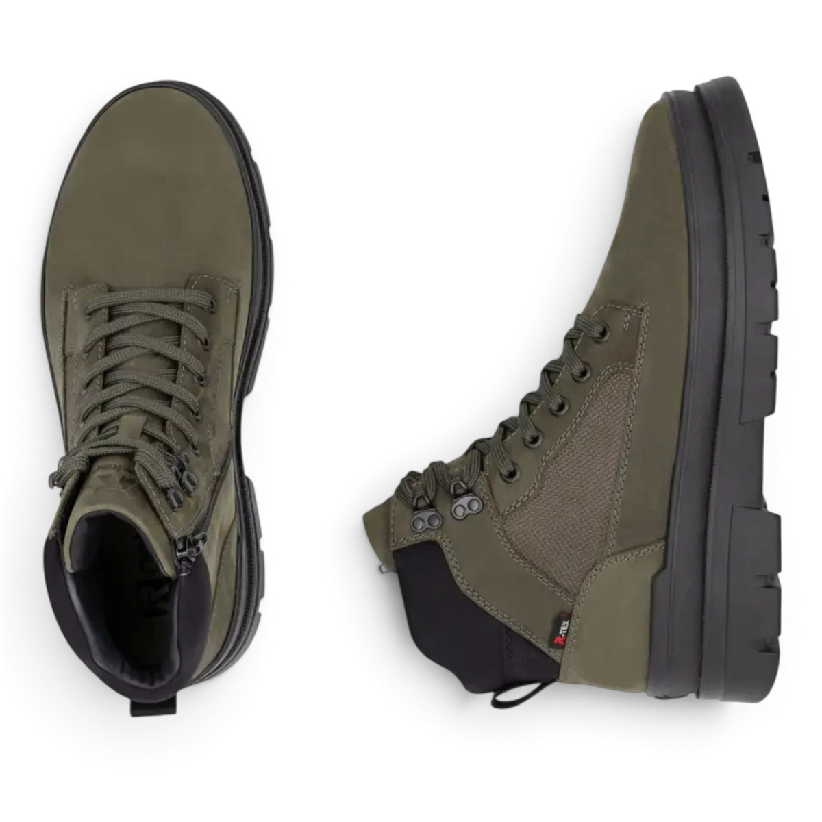 ShoeShop Rieker U1270-54 olive green lace-up boots with side zipper and rugged black lug sole