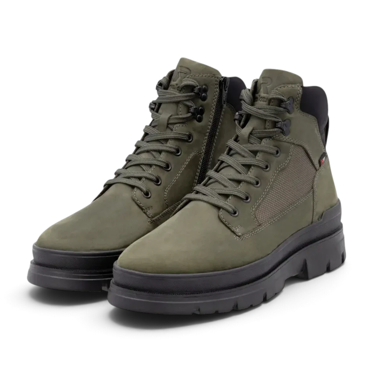 ShoeShop Rieker U1270-54 olive green lace-up boots with side zipper and chunky black lug sole