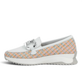 ShoeShop Rieker W1303-90 women's loafer with white leather, multi-colored tweed pattern, and silver chain detail.