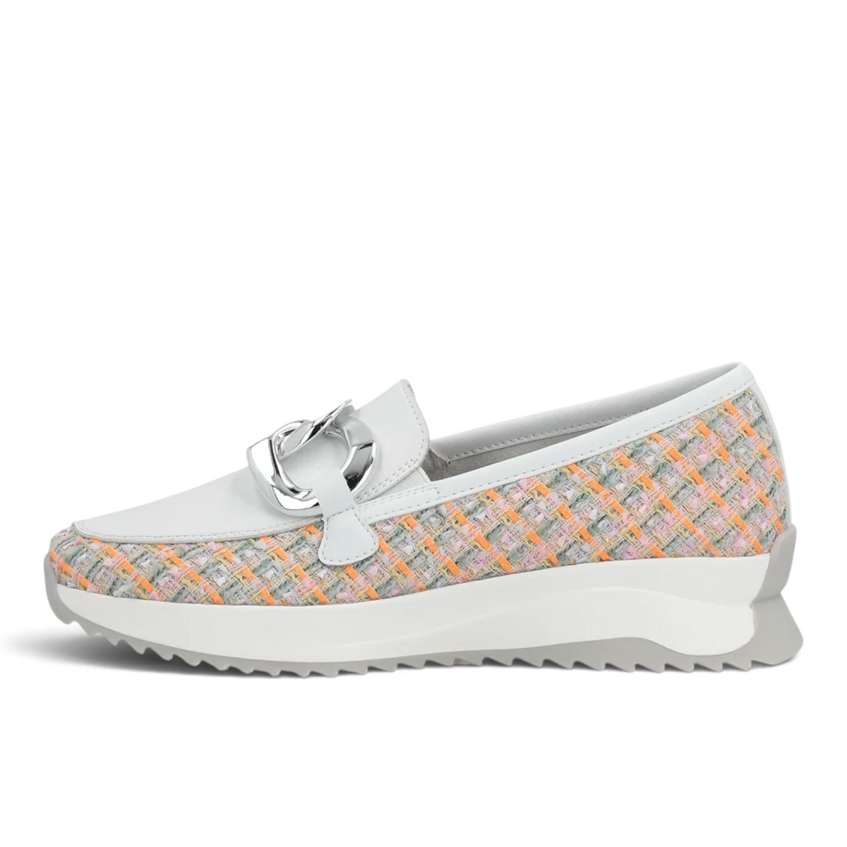 ShoeShop Rieker W1303-90 women's loafer with white leather, multi-colored tweed pattern, and silver chain detail.