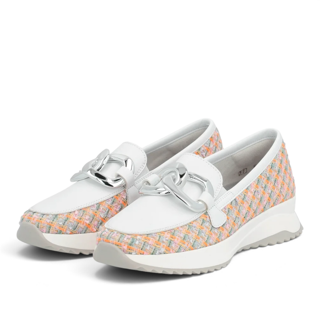 ShoeShop Rieker W1303-90 loafers featuring a white leather toe, multi-colored tweed pattern, and silver chain detail.