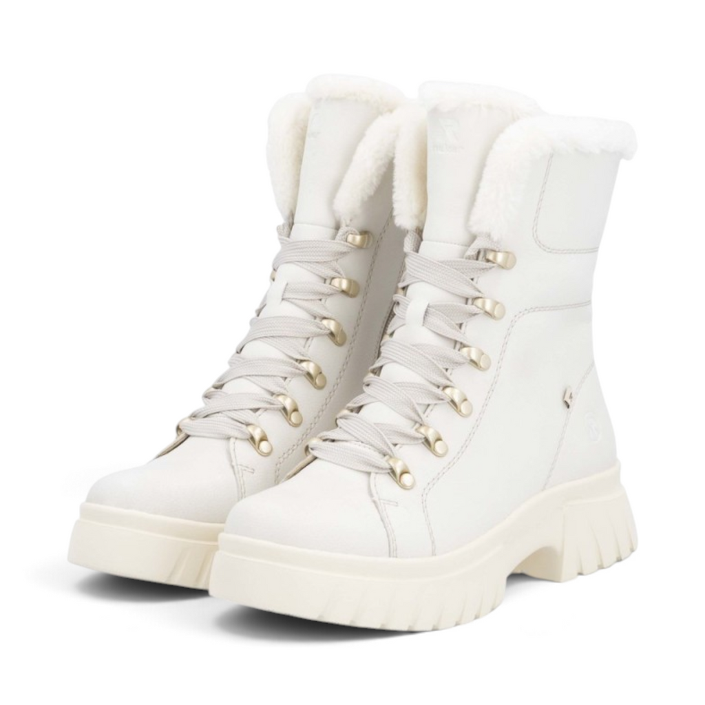 ShoeShop Rieker white leather lace-up boots with warm faux fur lining and chunky rubber sole