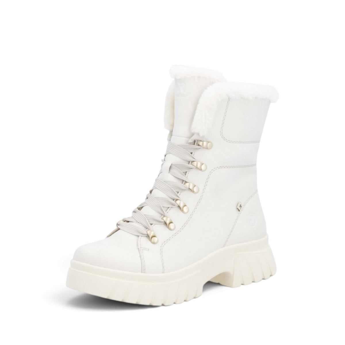 ShoeShop Rieker white leather lace-up winter boots with warm faux fur lining and chunky rubber sole