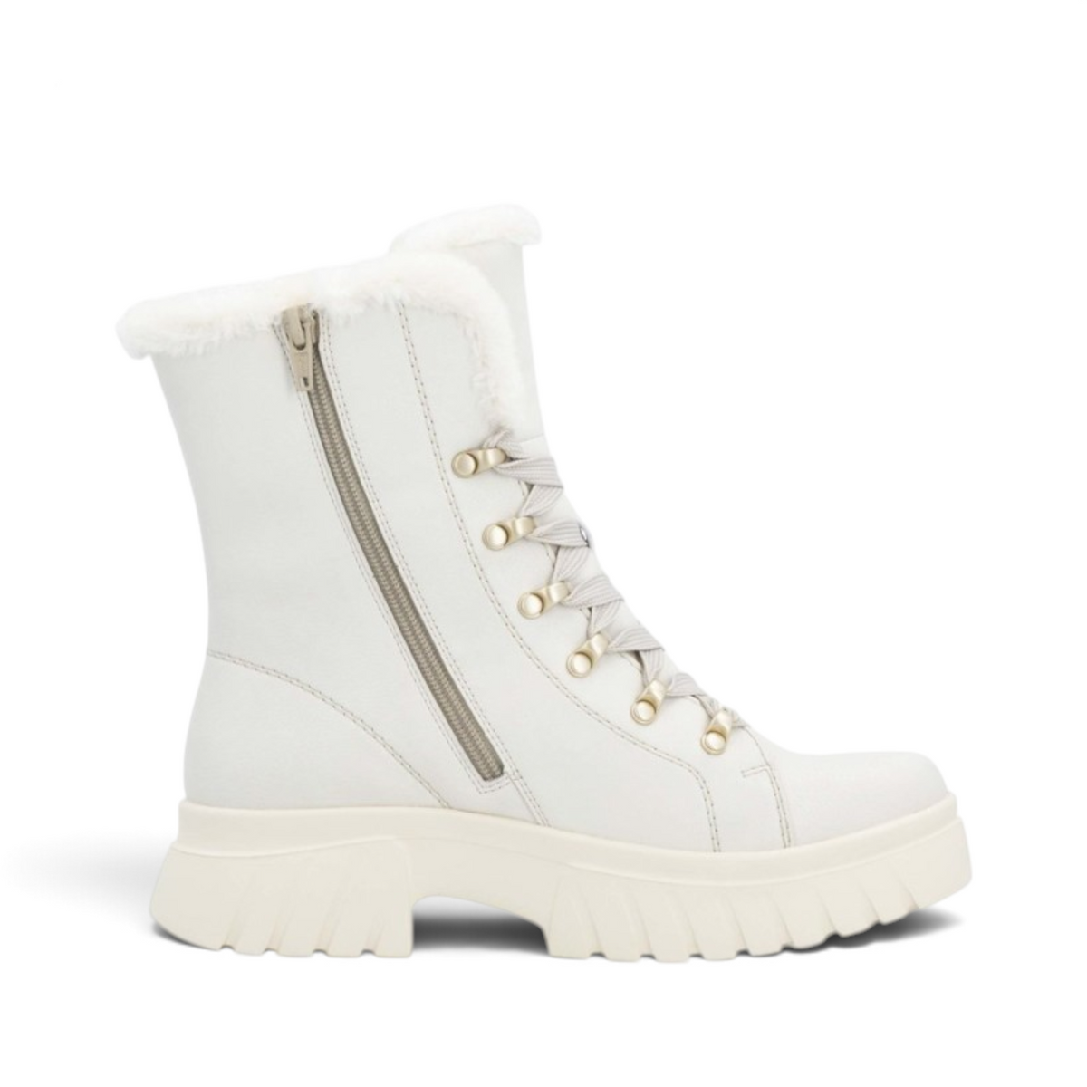 ShoeShop Rieker W1874-80 white leather winter boots with faux fur lining, side zipper, and chunky rubber sole