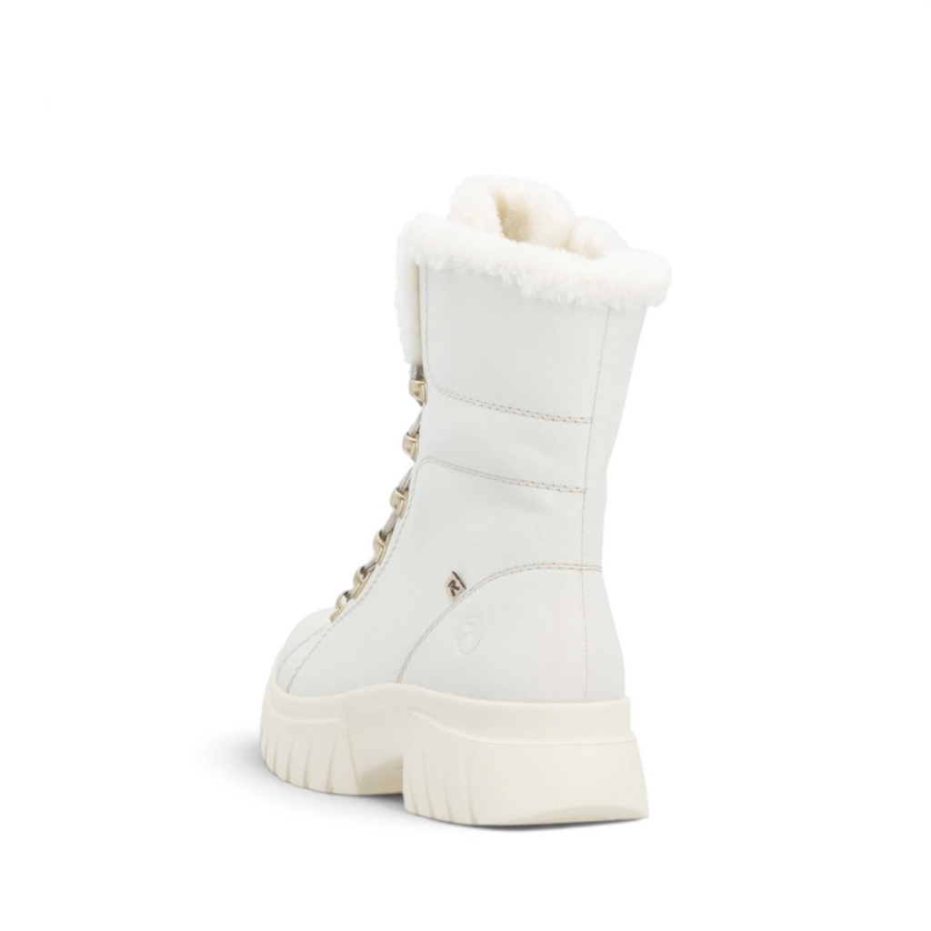 ShoeShop Rieker W1874-80 white leather winter boots with warm faux fur lining and chunky rubber sole, rear view