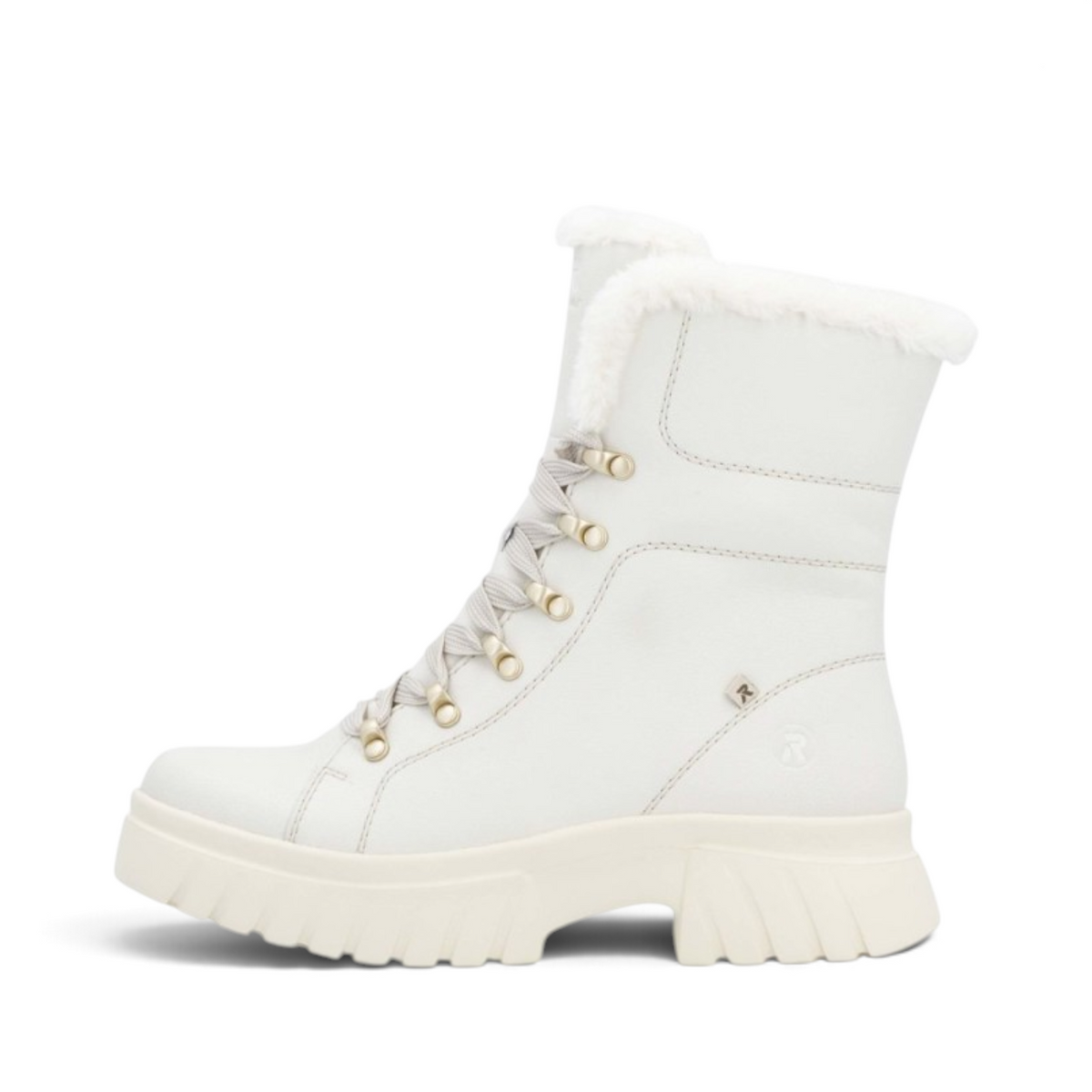 ShoeShop Rieker white leather winter boots with warm fur lining, lace-up front, and chunky rubber sole