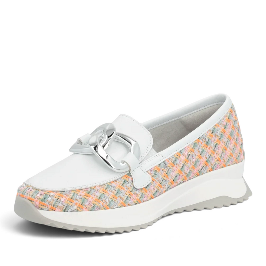 ShoeShop Rieker W1303-90 white loafers with a multi-colored woven tweed pattern and a chunky silver chain detail.