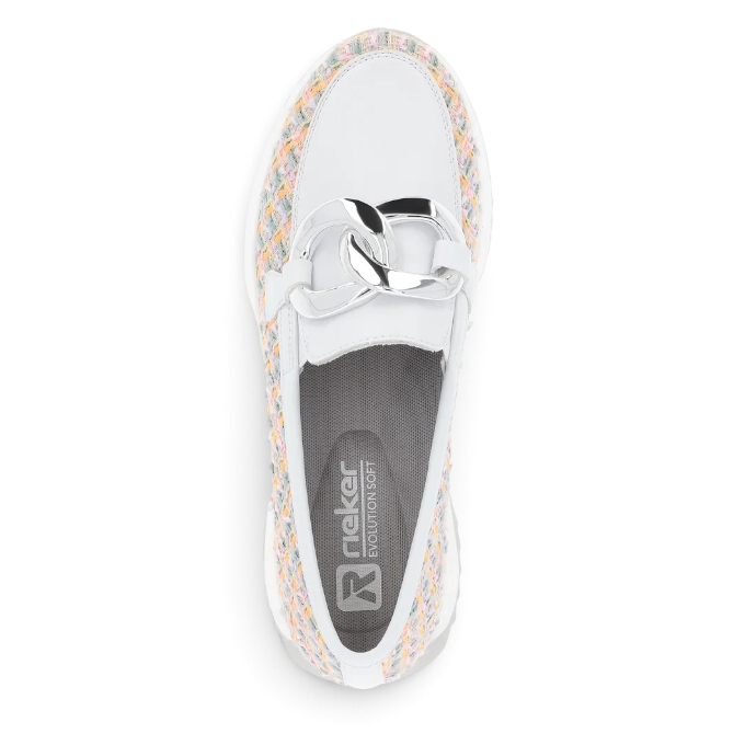 ShoeShop Rieker W1303-90 white slip-on loafer with a metallic chain detail and colourful woven side panels