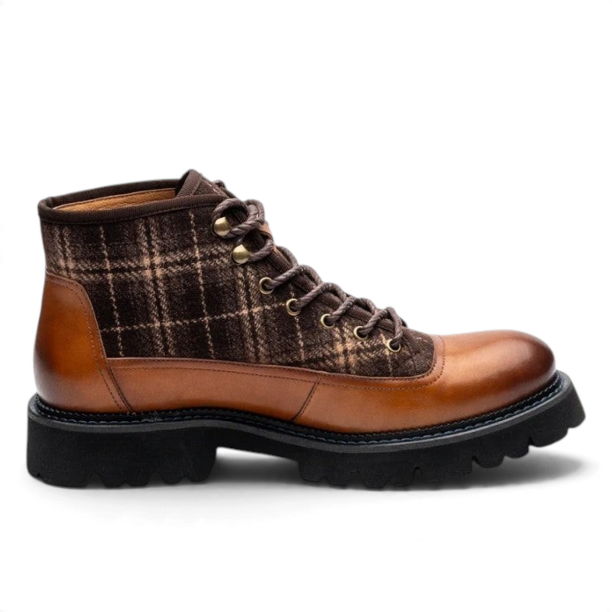 ShoeShop ROBERT brown leather and plaid wool lace-up ankle boot with a chunky black lug sole