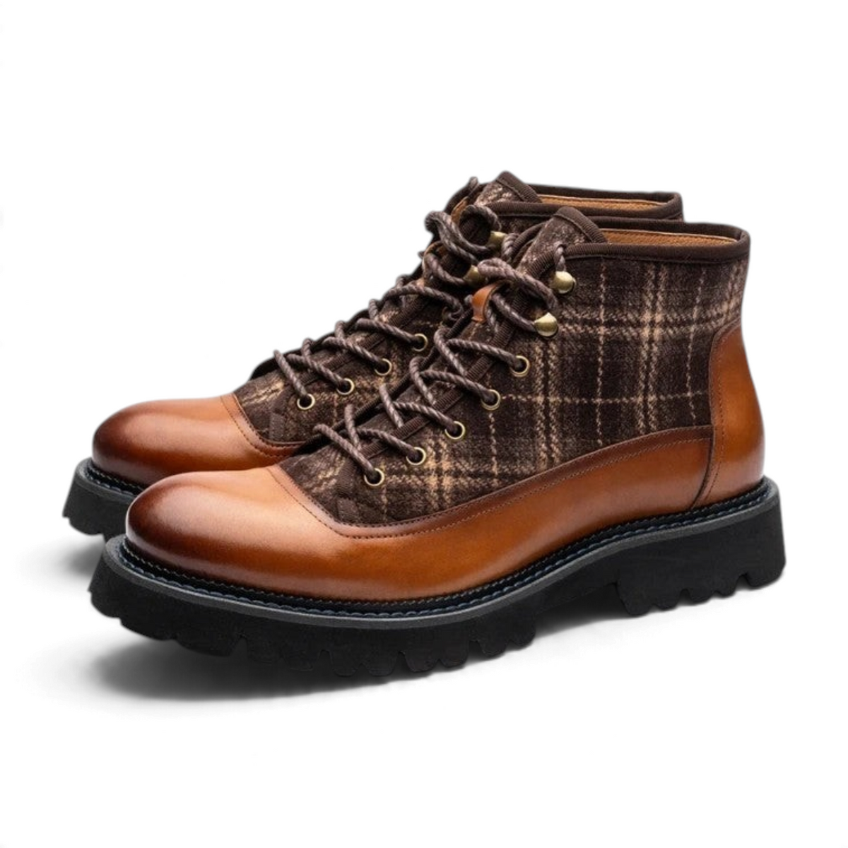 ShoeShop ROBERT brown leather and plaid wool lace-up ankle boots with a chunky black lug sole