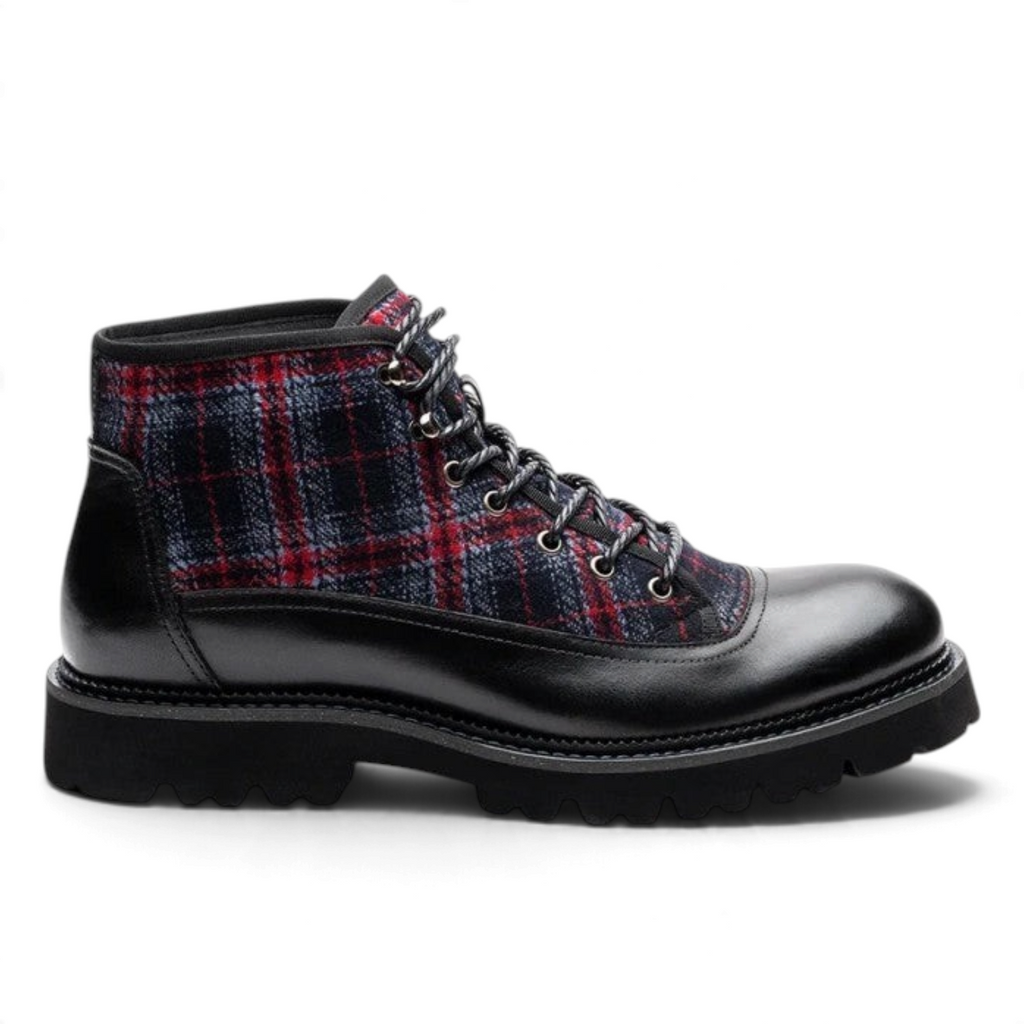 ShoeShop ROBERT black leather ankle boots with red and blue plaid wool side panels and rugged lug soles