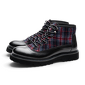ShoeShop ROBERT men's ankle boots featuring black leather and red and blue plaid wool panels with rugged lug soles.
