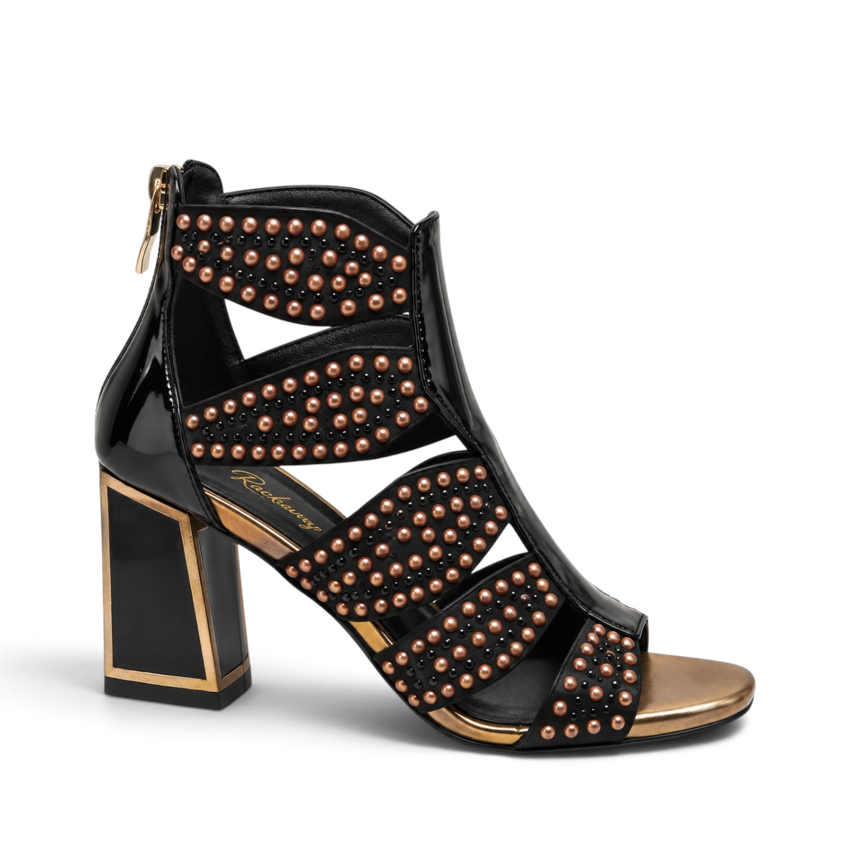 ShoeShop Rock Away black synthetic heeled sandals with gold studs and a 9cm block heel