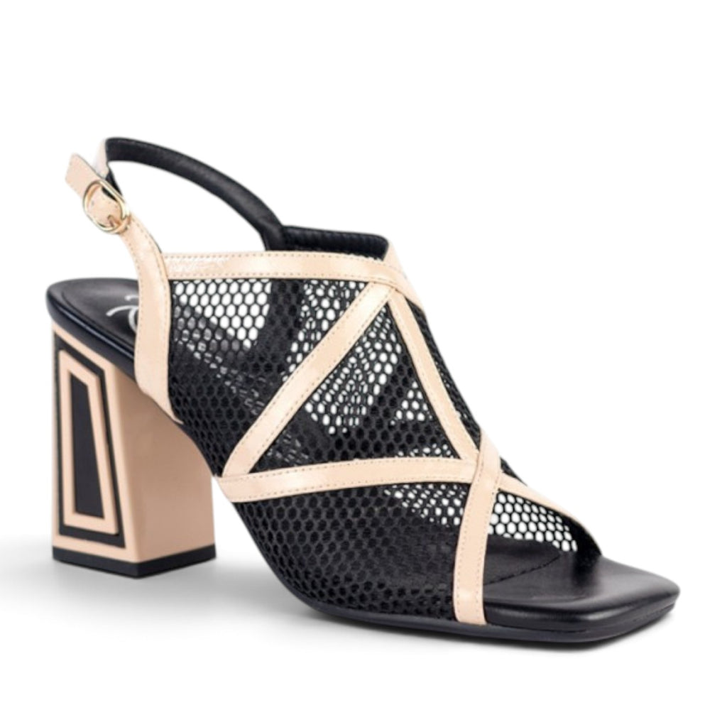 ShoeShop Rock Away black mesh and beige leather strappy block heel sandal with geometric heel detail