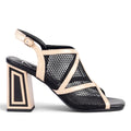 ShoeShop Rock Away black mesh block heel sandal with beige trim and geometric heel design
