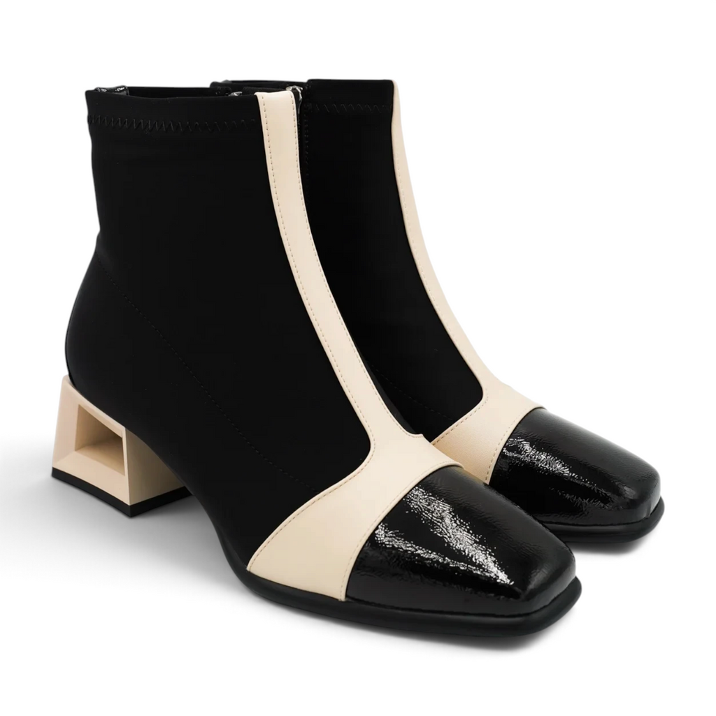 ShoeShop Rockaway black and cream ankle boots with a 5cm geometric block heel and patent leather toe cap