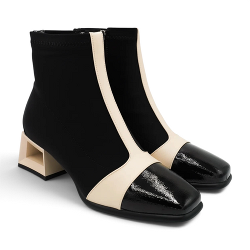 ShoeShop Rockaway black and cream ankle boots with a 5cm geometric block heel and patent leather toe cap