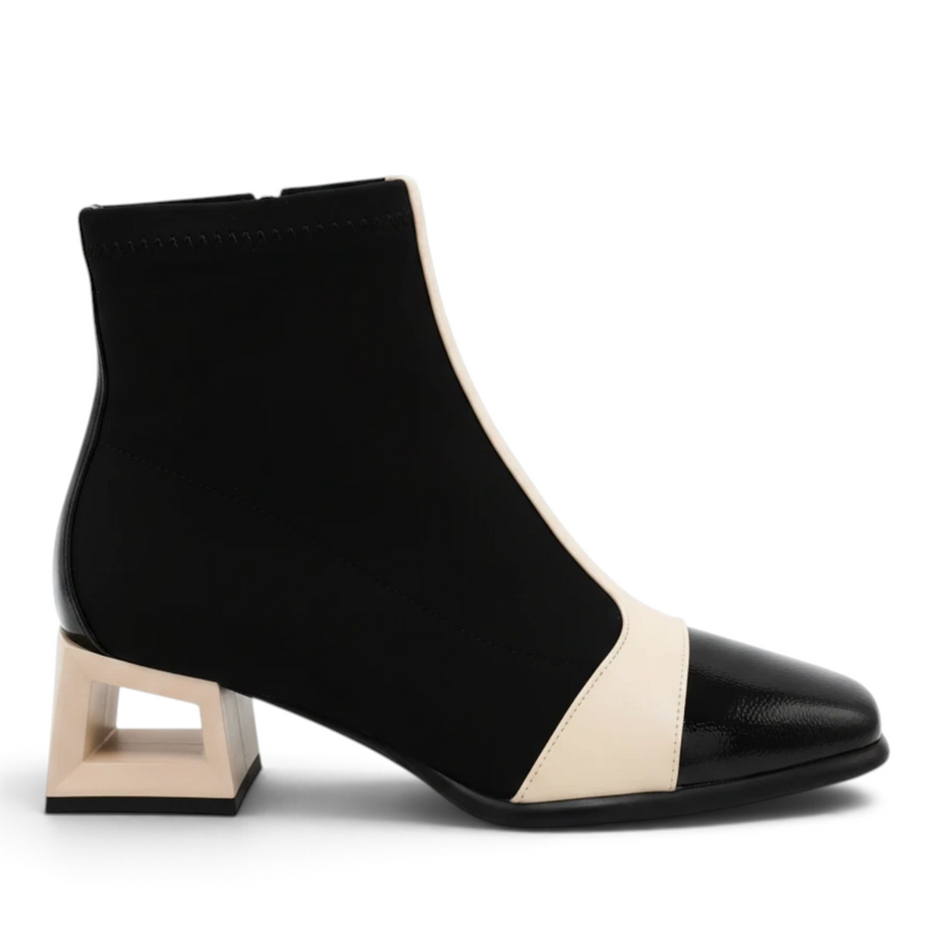 ShoeShop Rockaway black and cream ankle boot with textile upper and 5cm geometric block heel