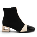 ShoeShop Rockaway black and cream ankle boot with textile upper and 5cm geometric block heel