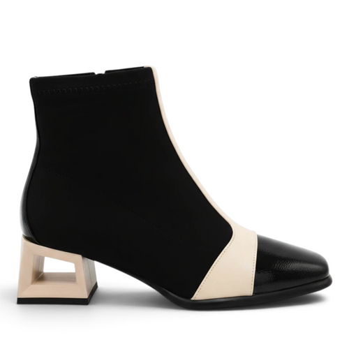 ShoeShop Rockaway black and cream ankle boot with textile upper and 5cm geometric block heel