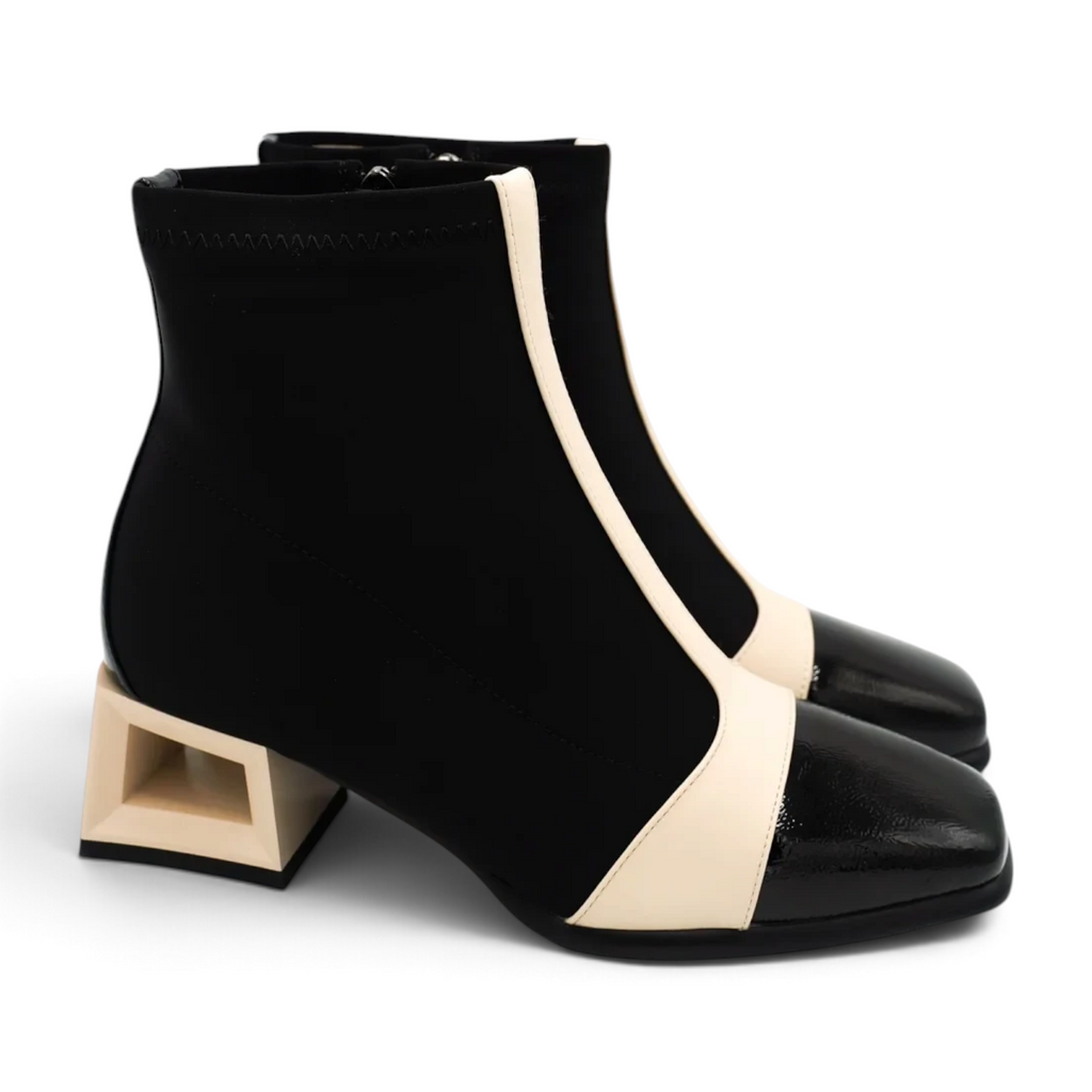ShoeShop Rockaway ankle boots in black and cream with a 5cm geometric block heel and textile synthetic finish
