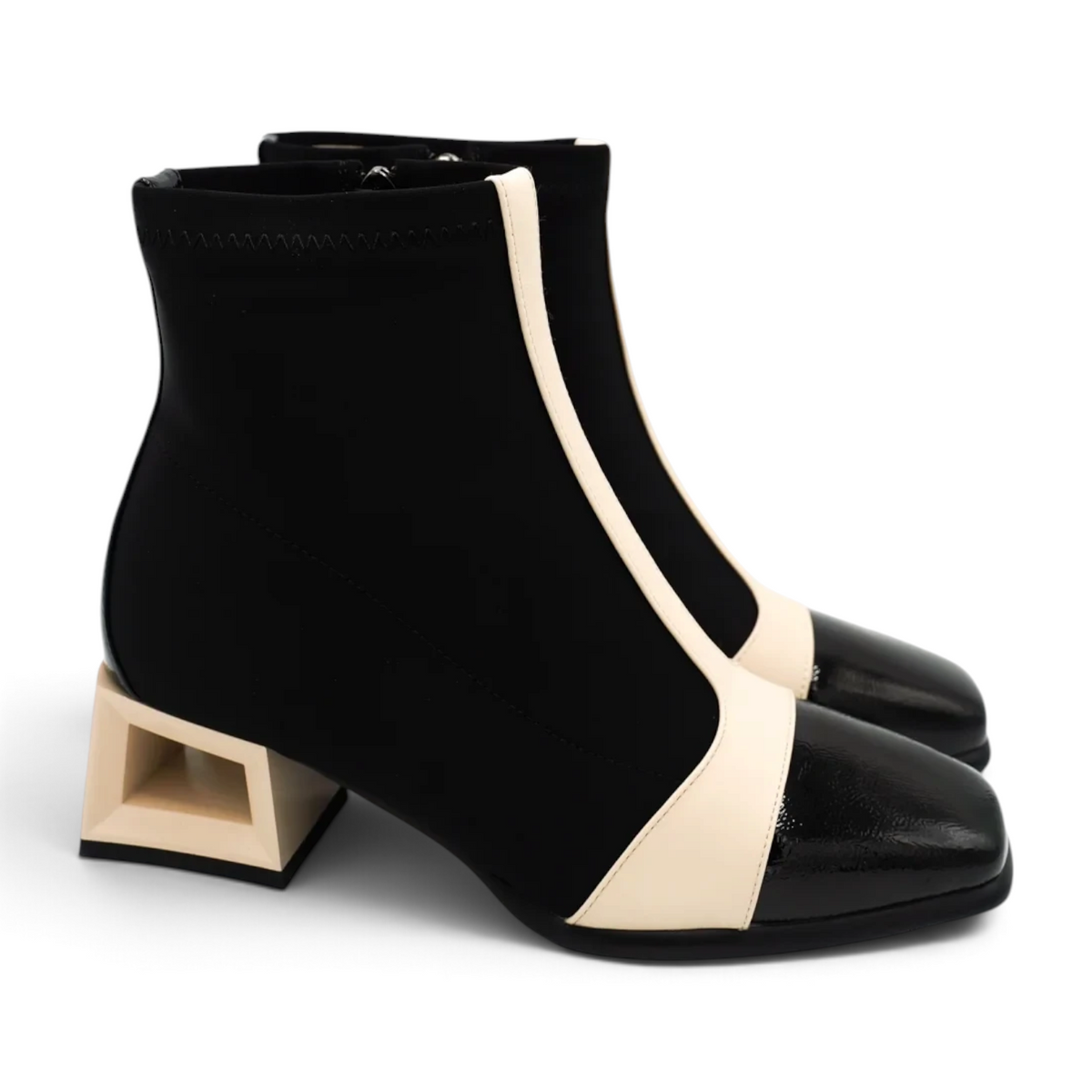 ShoeShop Rockaway ankle boots in black and cream with a 5cm geometric block heel and textile synthetic finish