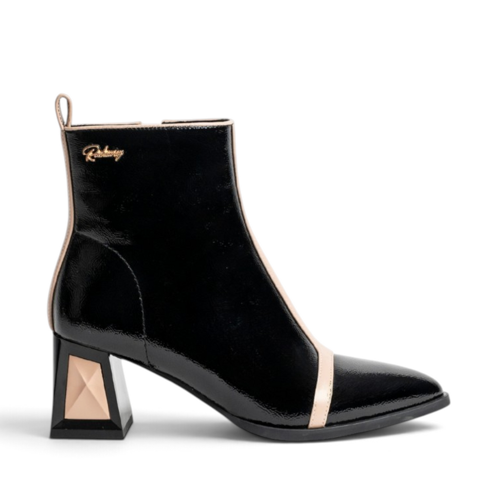 ShoeShop Rockaway black patent synthetic ankle boots with a 6.5cm geometric block heel and beige trim detail.