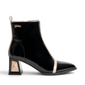 ShoeShop Rockaway black patent synthetic ankle boots with a 6.5cm geometric block heel and beige trim detail.