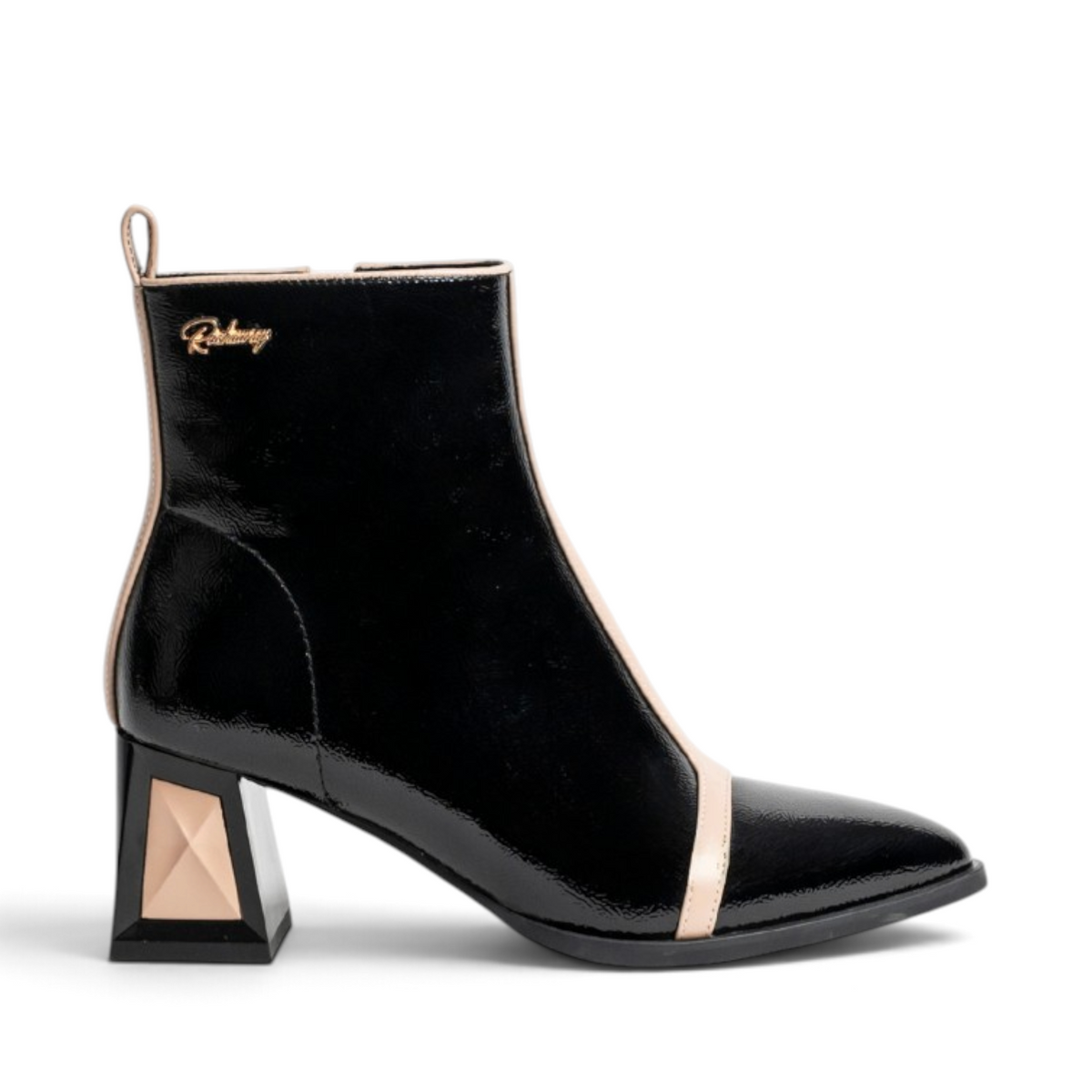 ShoeShop Rockaway black patent synthetic ankle boots with a 6.5cm geometric block heel and beige trim detail.