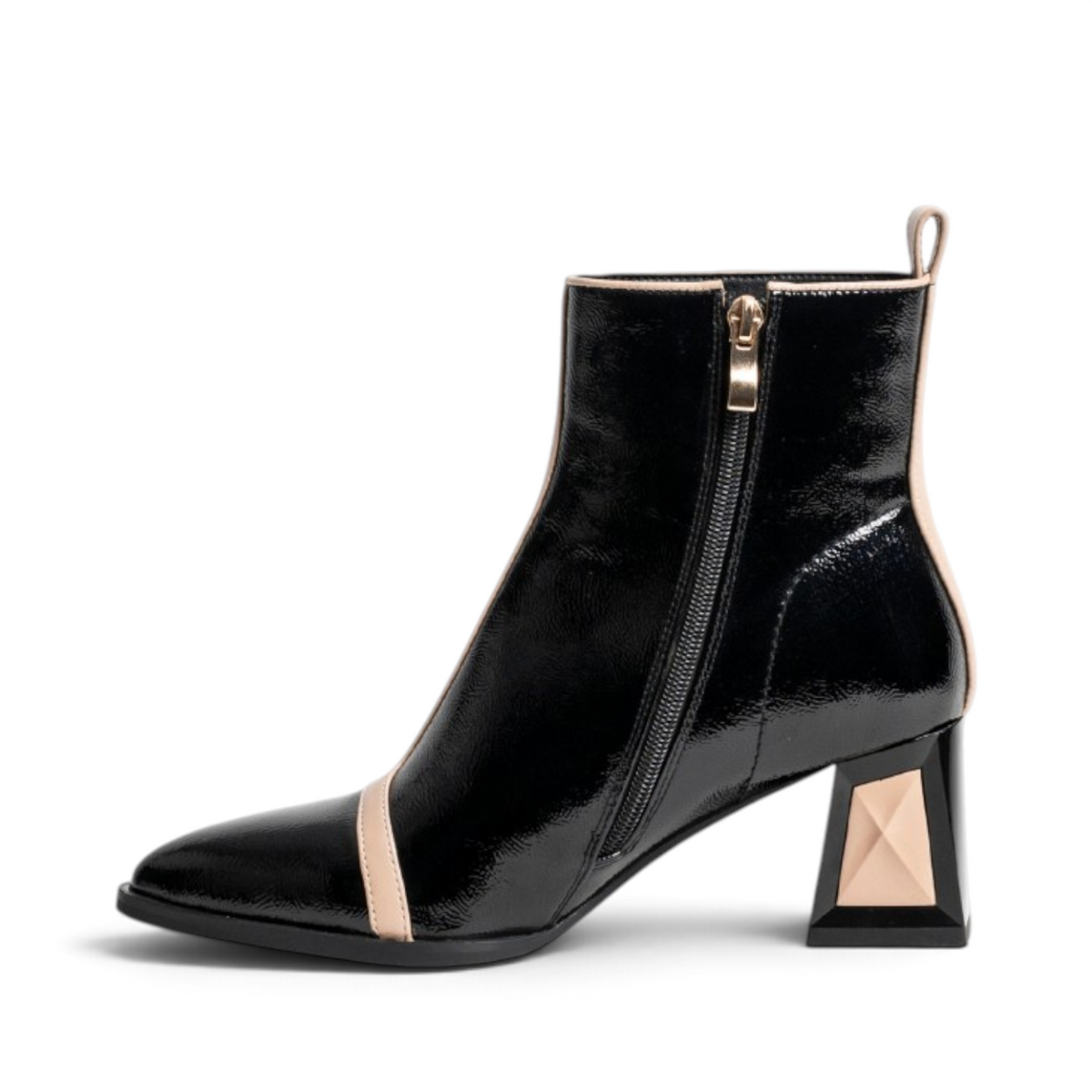 ShoeShop Rockaway black synthetic patent ankle boots with beige trim, side zipper, and 6.5cm geometric block heel