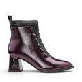 ShoeShop Rockaway synthetic patent burgundy ankle boot with black decorative buttons and a 6.5cm geometric block heel