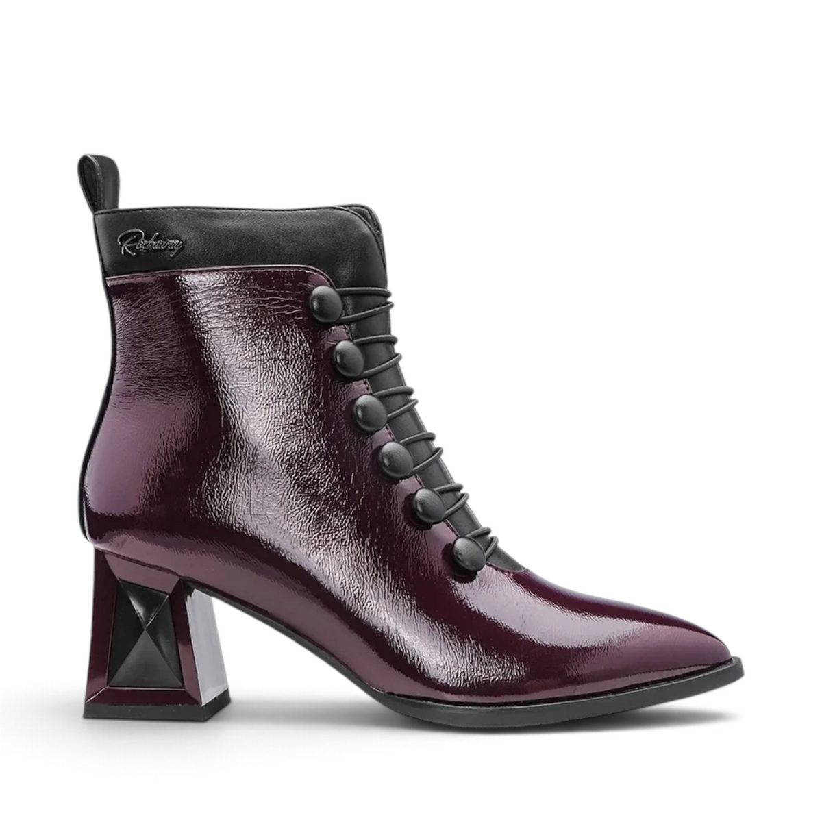 ShoeShop Rockaway synthetic patent burgundy ankle boot with black decorative buttons and a 6.5cm geometric block heel