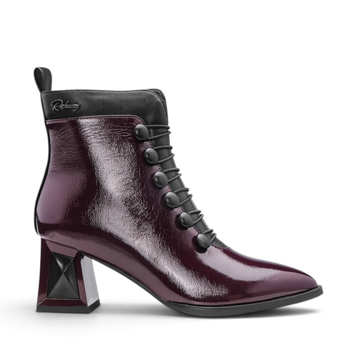 ShoeShop Rockaway synthetic patent burgundy ankle boot with black decorative buttons and a 6.5cm geometric block heel