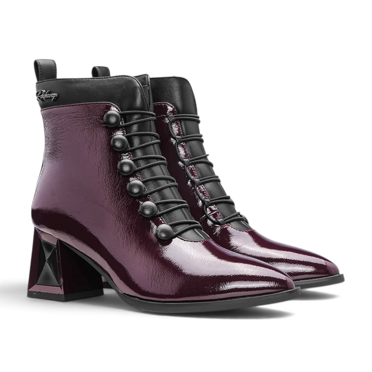 ShoeShop Rockaway burgundy patent synthetic ankle boots with black button detailing and a 6.5cm block heel