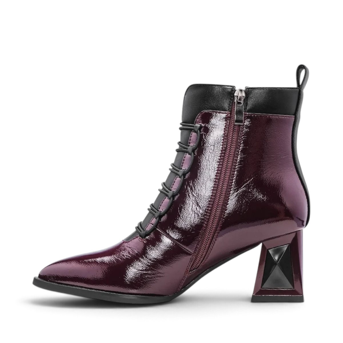 ShoeShop Rockaway synthetic patent leather ankle boots in burgundy with a 6.5cm block heel and side zipper