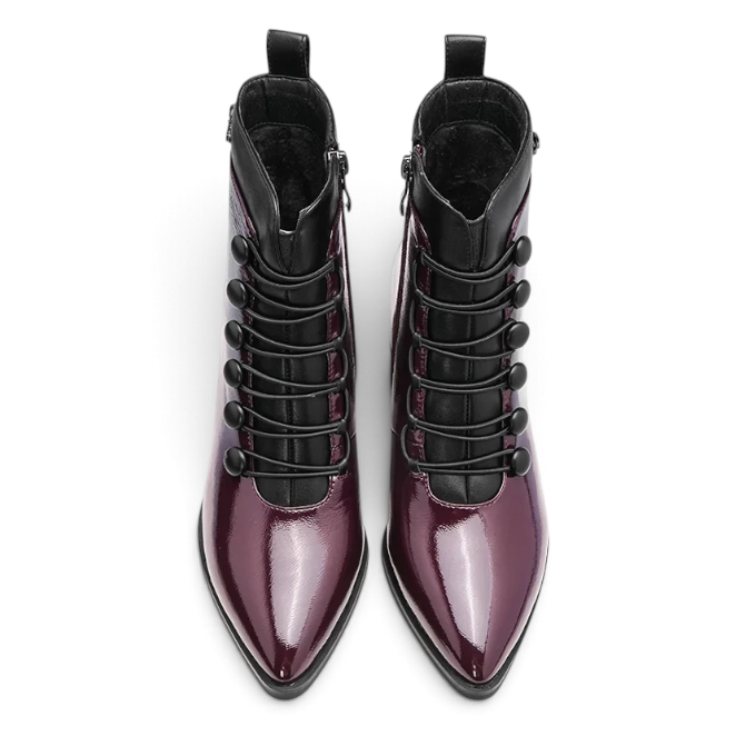 ShoeShop Rockaway burgundy patent synthetic ankle boots with black lace-up button detail and 6.5cm heel