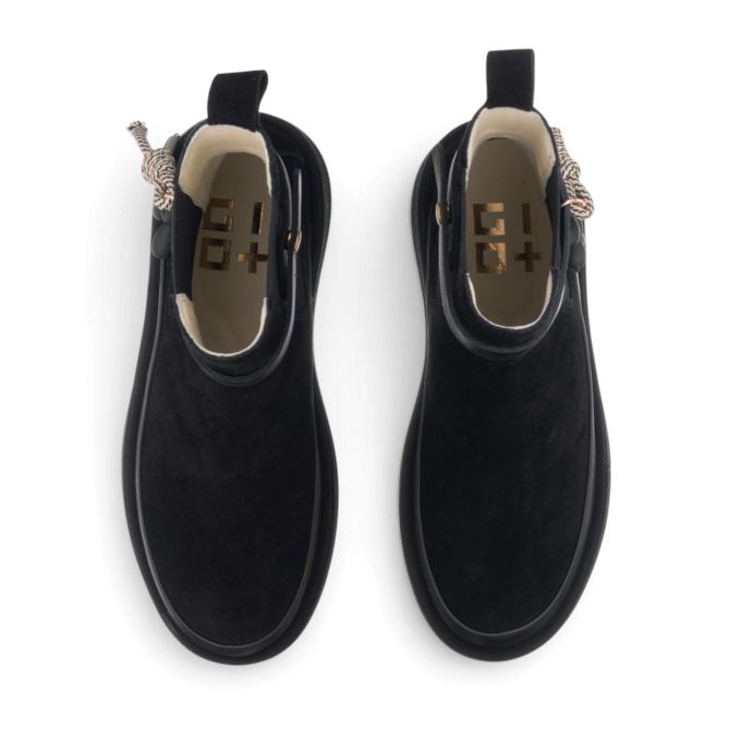 ShoeShop ROSITA03 black suede ankle boots with a thick sole and decorative rope detail, top-down view.