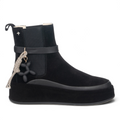 ShoeShop ROSITA03 black suede ankle boot with platform sole, elastic side panels, and a decorative balloon dog charm